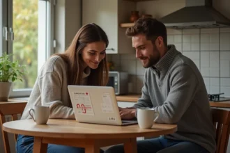 Jeune couple discutant anniversaire à la cuisine