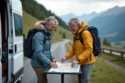 Couple souriant devant une carte de montagne en camping