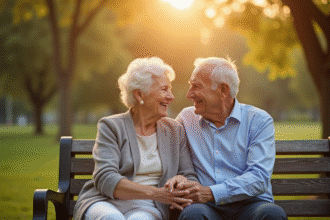 Couple agee main dans la main sur un banc en plein soleil