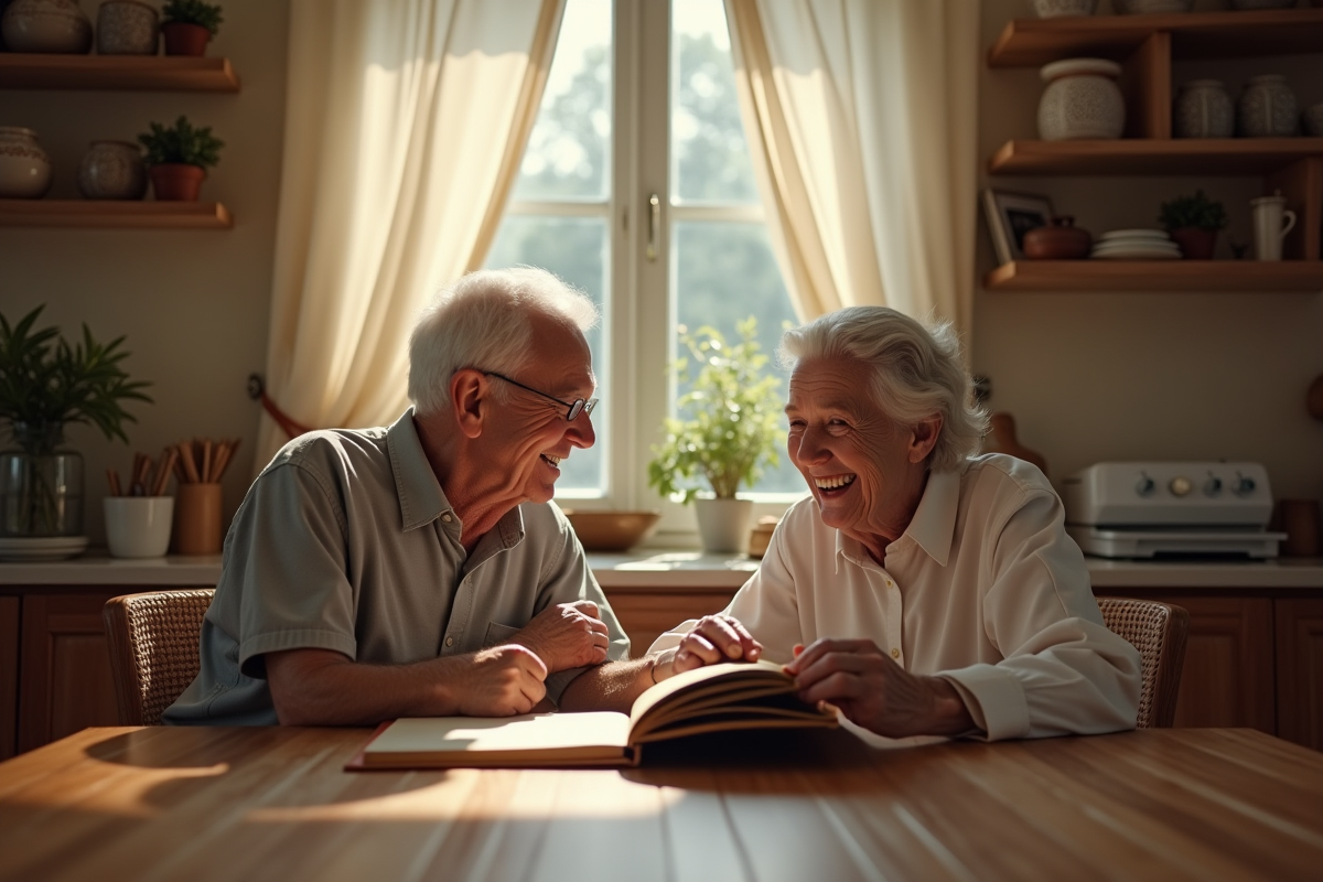 Couple agee riant en regardant un album photo vintage