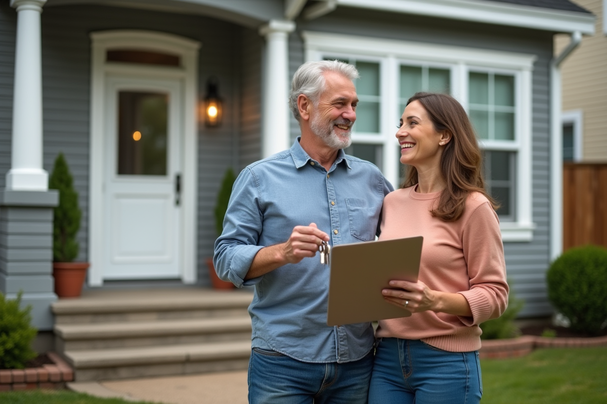 Couple heureux tenant des clés devant leur nouvelle maison