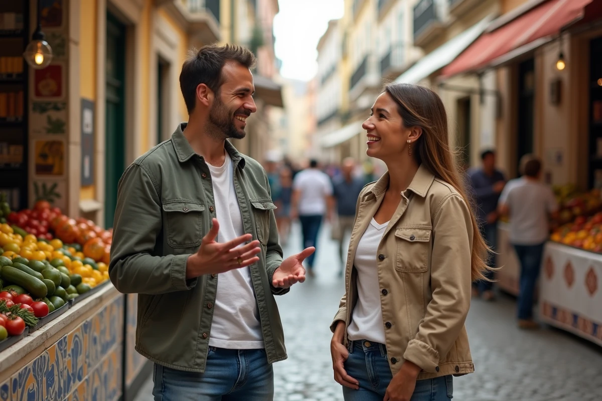 Couple discutant de l'expression portugaise karaï dans un marché de rue à Lisbonne entouré de carreaux azulejos