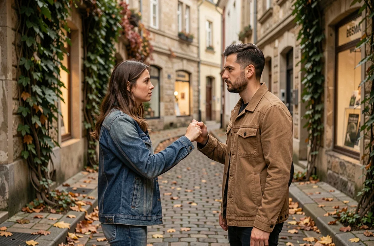 Couple en train de se retrouver dans une ruelle pavée en automne, geste hésitant de la main symbolisant un retour amoureux et une réconciliation