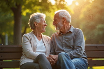 Couple mature assis sur un banc ensoleille dans un parc