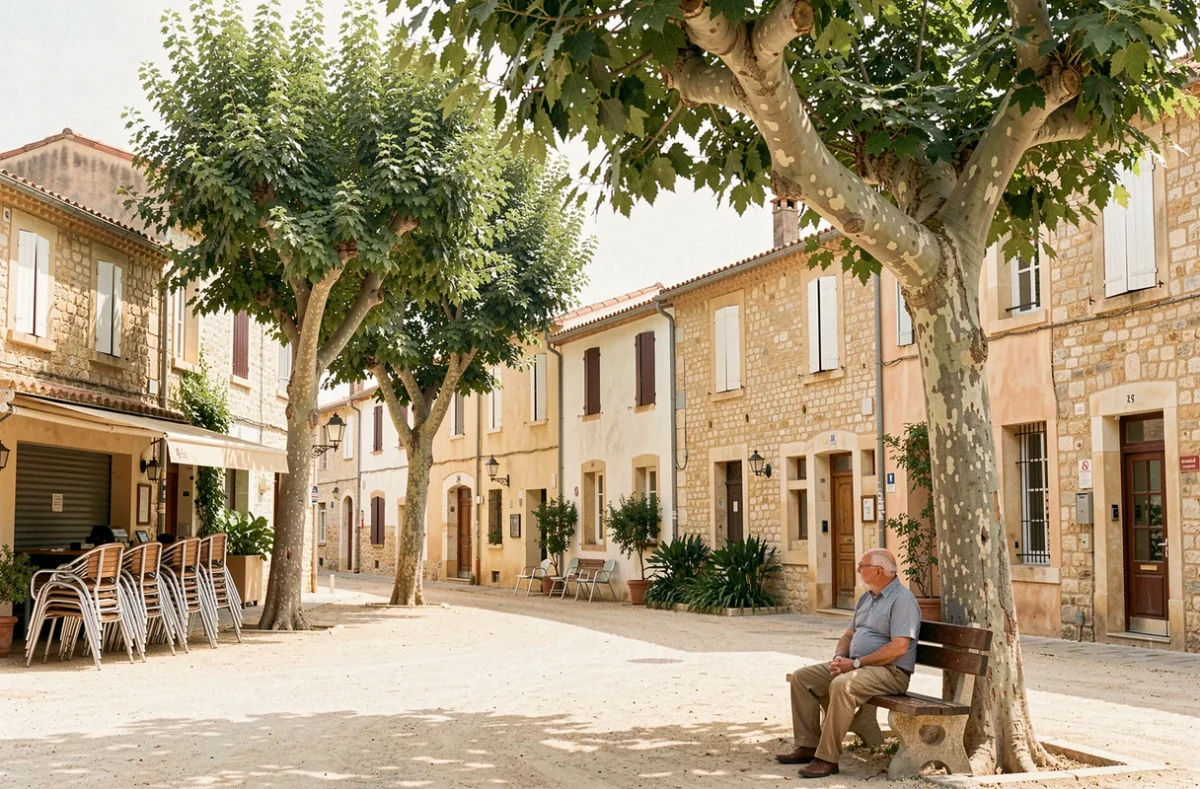 Place du village de Coursan dans l'Aude avec platanes, bar fermé et homme adulte assis seul sur un banc