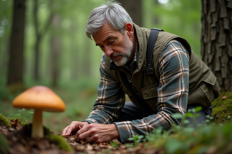 Homme cueilleur dans la forêt examinant un bolet au beau pied