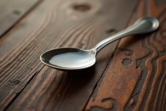 Cuillère à soupe vintage en argent avec eau sur table en bois