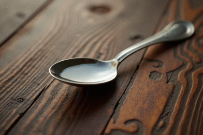Cuillère à soupe vintage en argent avec eau sur table en bois