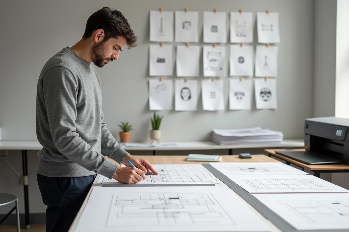 Designer graphique mesurant les marges et le format de maquettes de livres jeunesse sur une table à dessin dans un studio d'édition