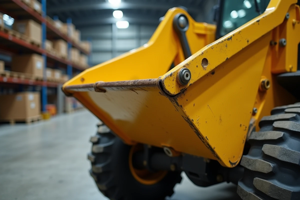 Détail du mécanisme hydraulique de basculement d'un mini dumper jaune en entrepôt d'équipements