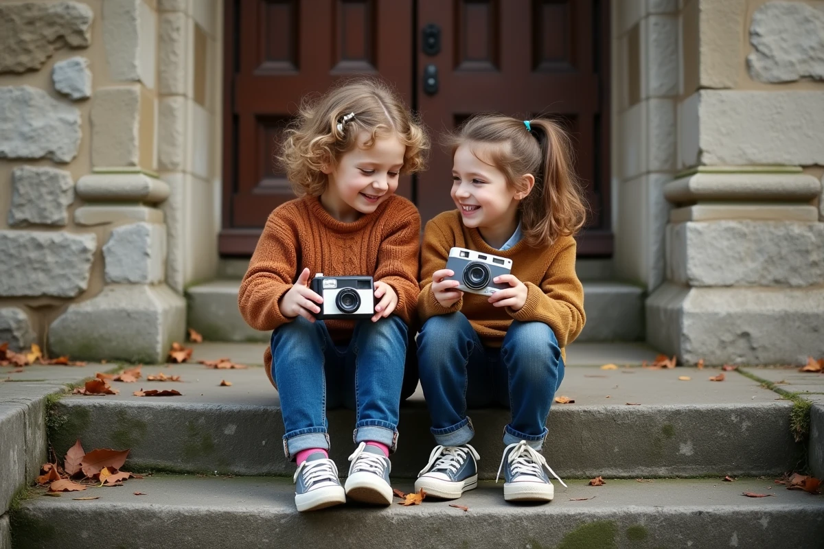 Deux enfants découvrant ensemble un appareil photo jetable réutilisable sur des marches en pierre à l'extérieur d'une école en automne, initiation à la photographie sans écran