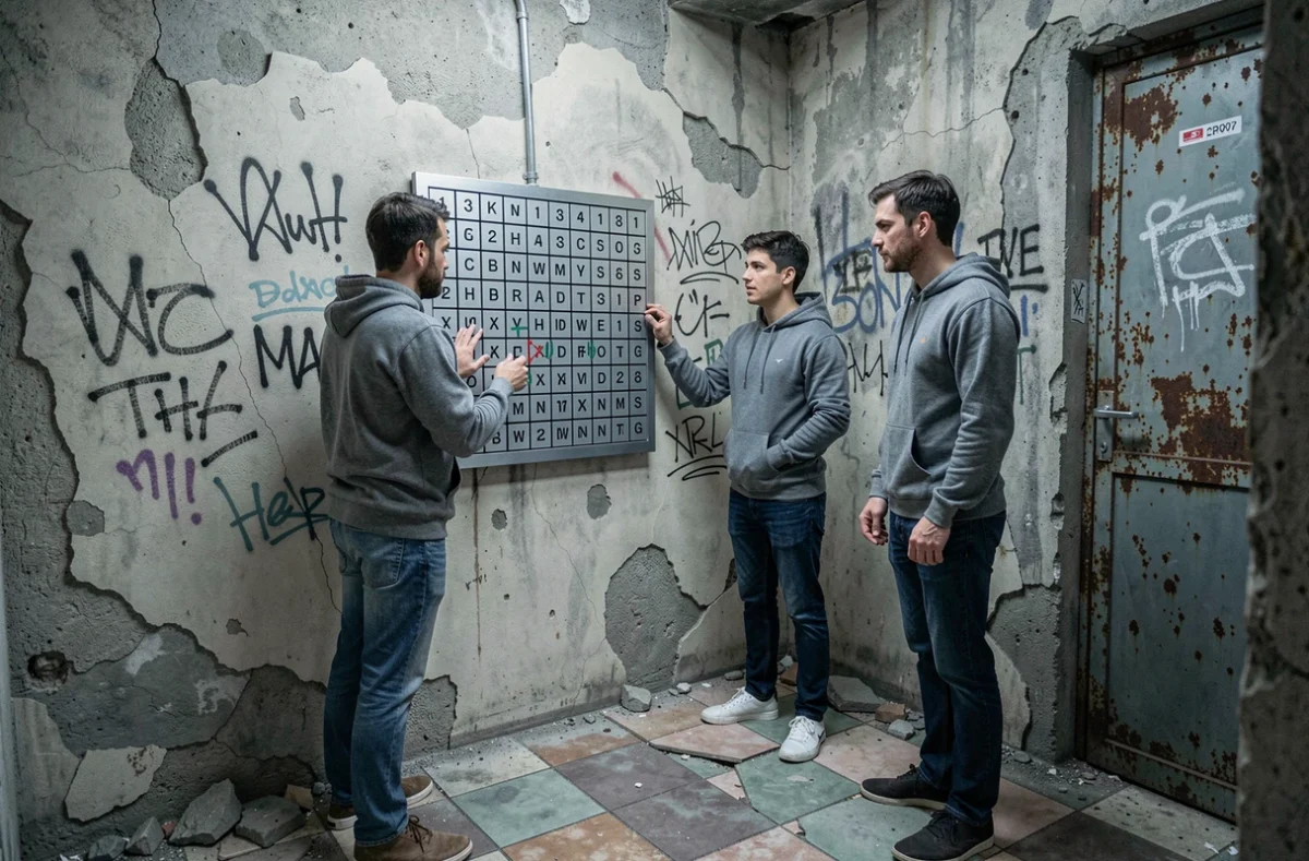 Joueurs déchiffrant un code mural dans la salle d'escape game District 6 à Wittenheim