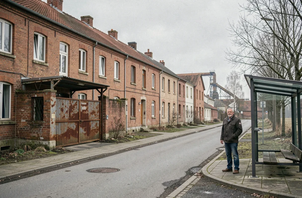 Rue d'une ancienne ville minière à Douchy-les-Mines dans le Nord avec maisons en briques et homme adulte près d'un arrêt de bus