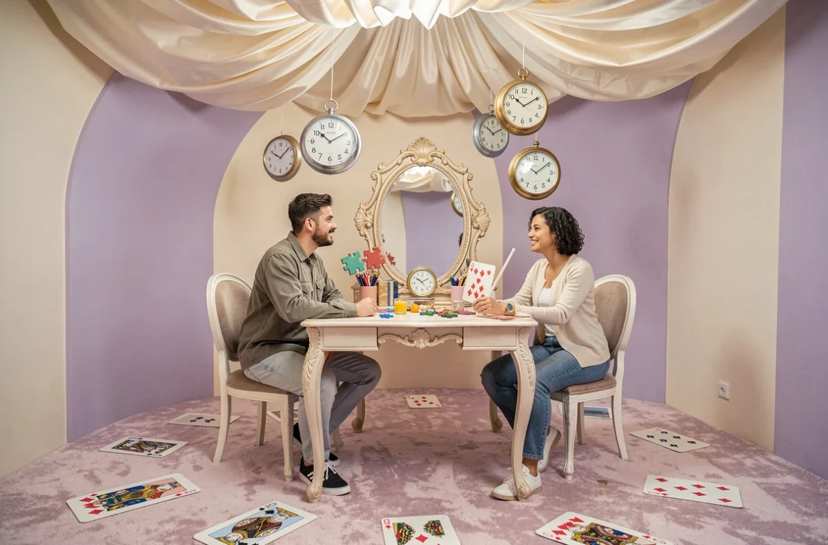 Deux joueurs dans un décor de rêve surréaliste à la salle d'escape game DreamAway à Mulhouse