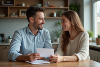 Homme recevant une note de remerciement dans une cuisine chaleureuse