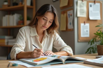 Éditrice analysant le format et les marges d'un livre jeunesse ouvert sur un bureau en bois dans un studio créatif