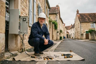 Électricien d'urgence intervenant sur un tableau électrique dans une rue résidentielle du Centre-Val de Loire