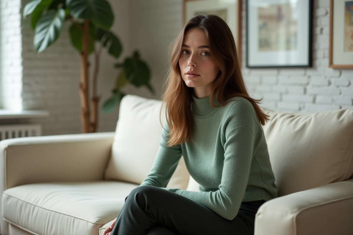 Portrait intimiste d'une jeune femme célébrité posant dans un appartement moderne, évoquant les interviews et révélations sur la vie amoureuse d'Emma Watson