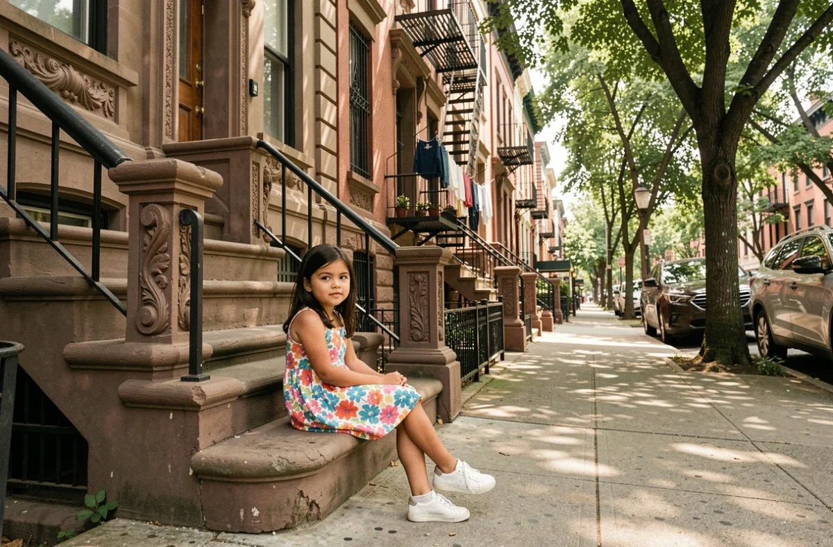 Jeune fille latina assise sur les marches d'un immeuble typique du Bronx, évoquant l'enfance et les racines new-yorkaises de Jennifer Lopez