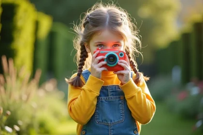 Petite fille de 8 ans utilisant un appareil photo jetable réutilisable dans un jardin ensoleillé, première expérience photo pour enfant sans écran