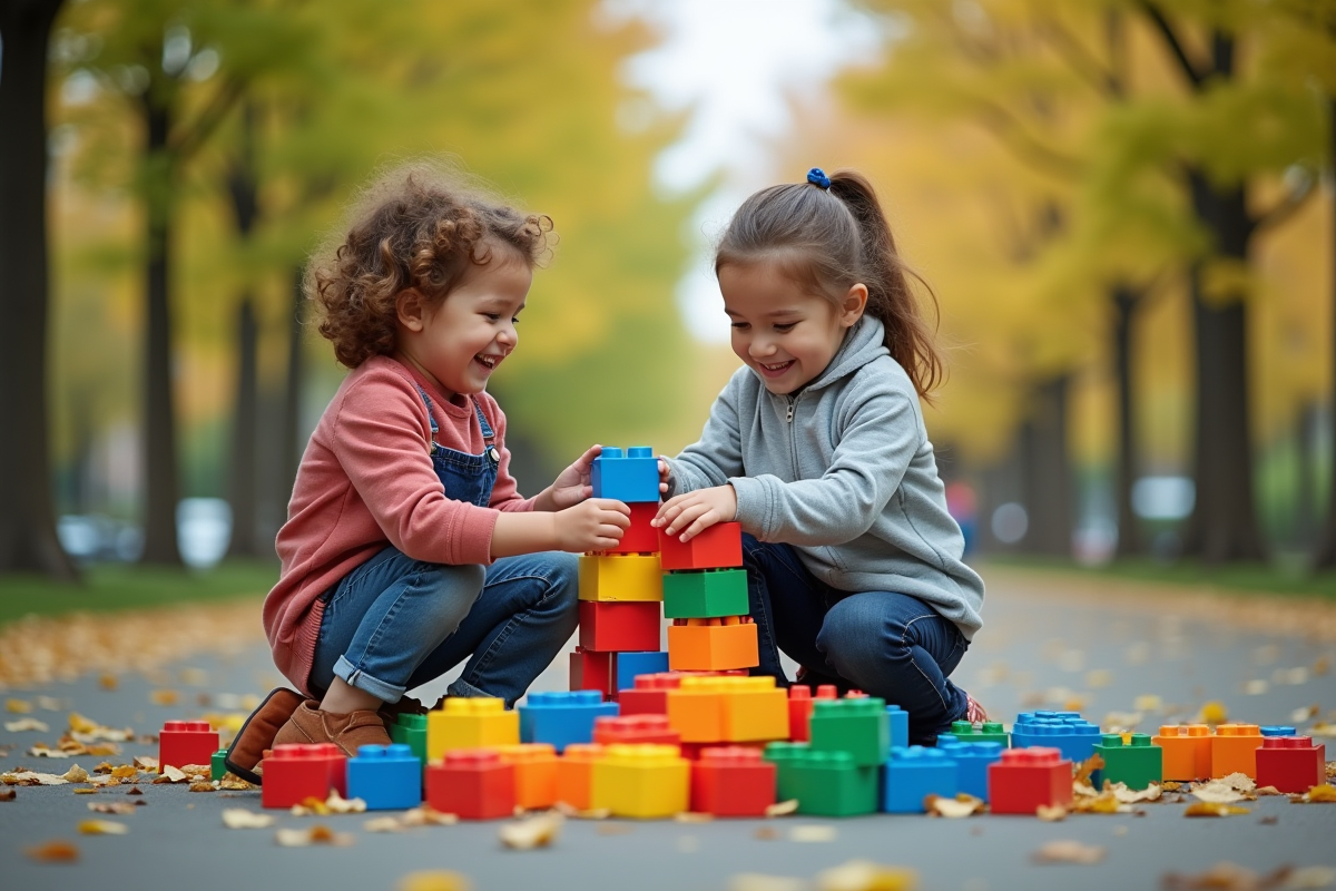 Enfants construisant une structure avec des blocs dans un parc