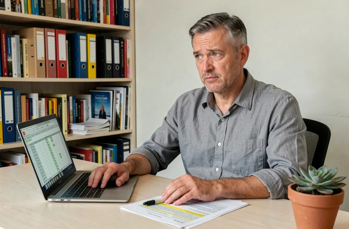 Enseignant consultant une grille de salaires sur son ordinateur portable à son bureau à domicile