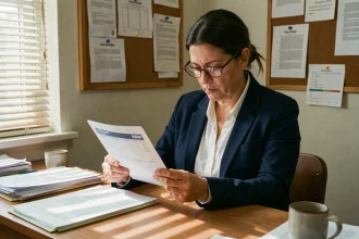 Enseignante examinant attentivement sa fiche de paie dans la salle des professeurs d'une école
