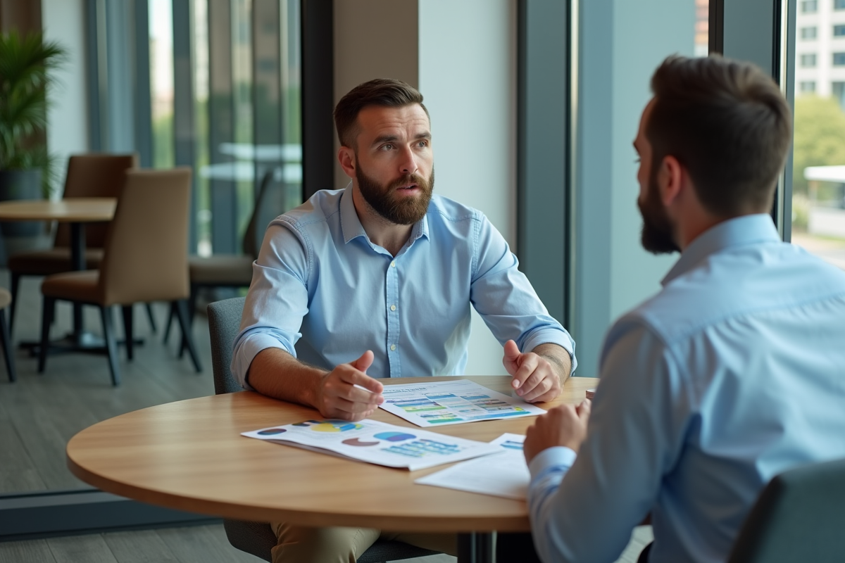 Jeune entrepreneur discute assurance avec un agent dans un espace coworking