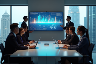 Groupe de professionnels discutant de données dans un bureau moderne