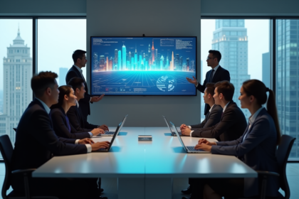 Groupe de professionnels discutant de données dans un bureau moderne