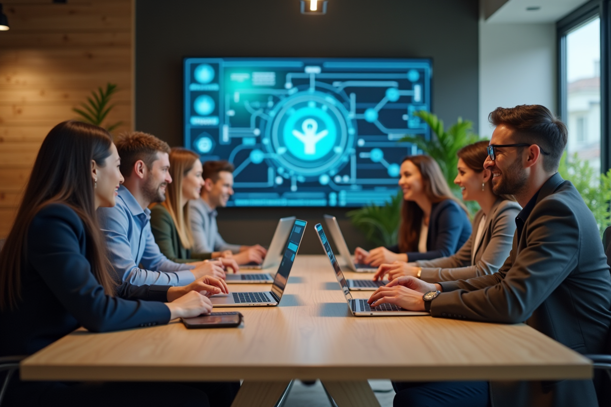 Groupe de professionnels en réunion dans un espace fintech moderne