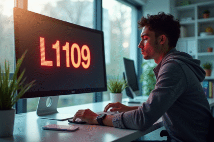 Ecran d'ordinateur affichant erreur L1109 avec un professionnel frustré
