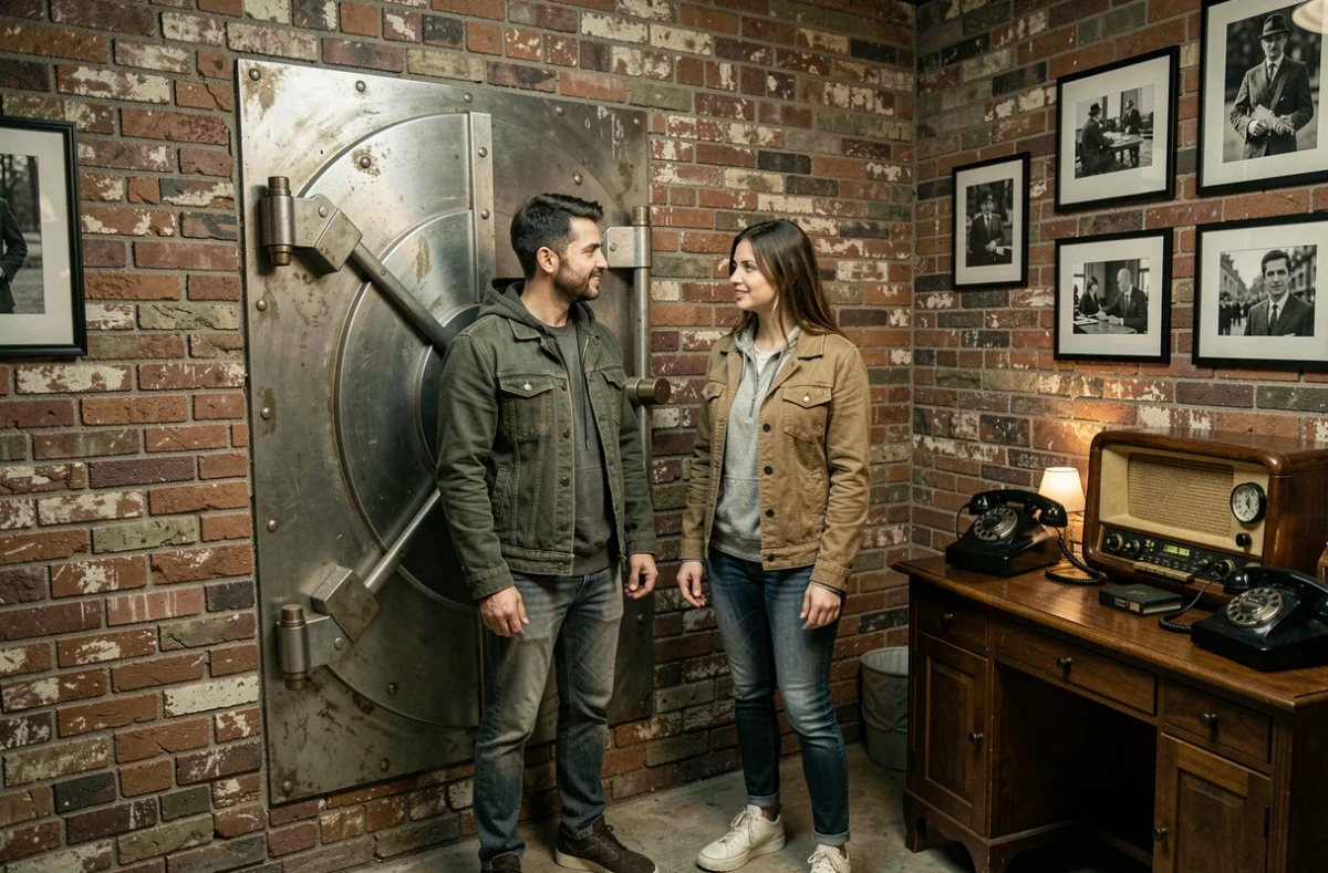 Deux joueurs face à une porte de coffre-fort dans la salle d'escape game Escape Yourself à Colmar