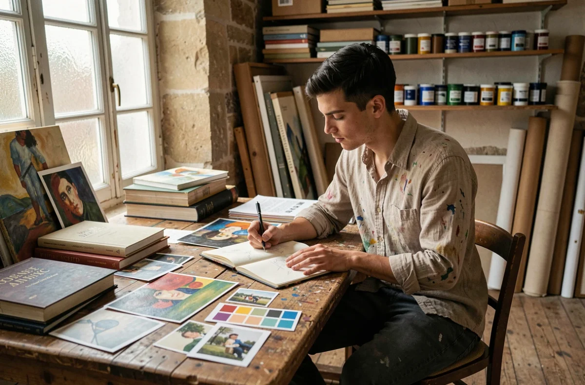 Étudiant en art dans un atelier parisien étudiant l'abstraction et les mouvements picturaux français du début du 20ème siècle