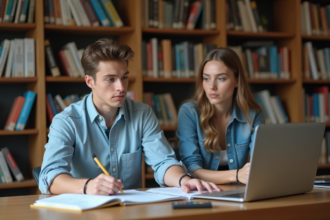 Etudiant universitaire en bibliothèque compare travail digital et manuscrit