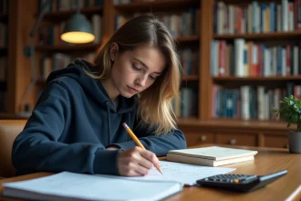 Étudiante en physique utilisant une calculatrice scientifique pour résoudre des équations de champ magnétique dans une bibliothèque universitaire