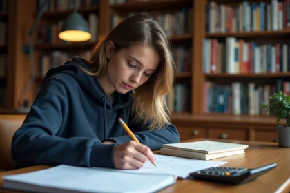 Étudiante en physique utilisant une calculatrice scientifique pour résoudre des équations de champ magnétique dans une bibliothèque universitaire