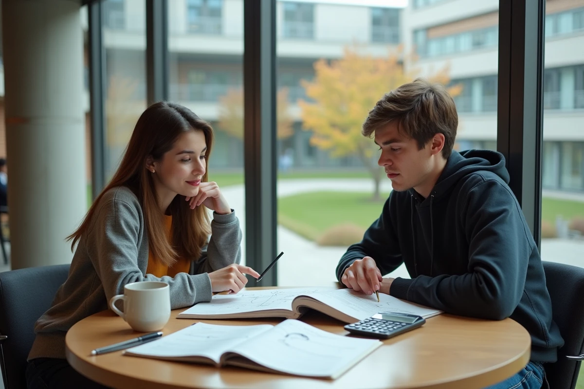 Deux étudiants en physique collaborant sur des calculs de champ magnétique avec une calculatrice scientifique et un manuel universitaire dans un espace de travail moderne
