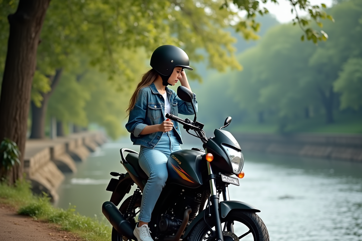Femme ajustant le rétroviseur de sa moto au bord de l