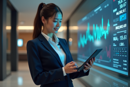 Jeune femme d'affaires utilisant une tablette dans un lobby moderne