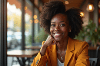 Femme afroamericain confiante au café avec lumière naturelle