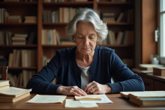 Femme consultant des archives papier napoléoniennes et un courrier généalogique sur un bureau en bois chargé de documents historiques