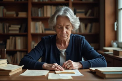 Femme consultant des archives papier napoléoniennes et un courrier généalogique sur un bureau en bois chargé de documents historiques