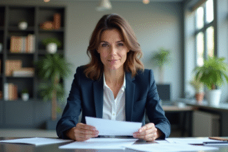 Femme en costume navy examine des documents d'assurance dans un bureau moderne