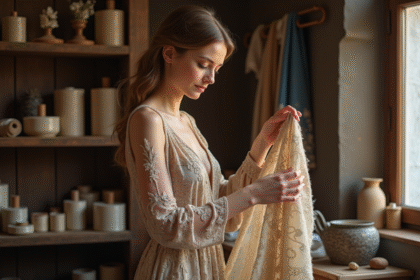 Femme élégante admirant un tissu précieux dans un atelier