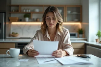Femme regardant sa facture mobile dans une cuisine moderne