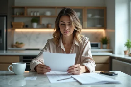 Femme regardant sa facture mobile dans une cuisine moderne