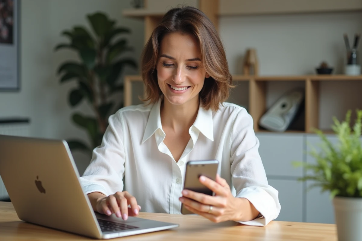 Femme comparant un lien mobile sur smartphone et ordinateur portable dans un bureau à domicile