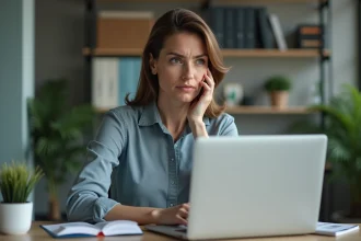 Femme d'âge moyen travaillant sur un ordinateur dans un bureau moderne