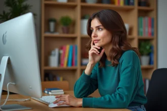 Jeune femme concentrée sur son ordinateur en mode Sims 4